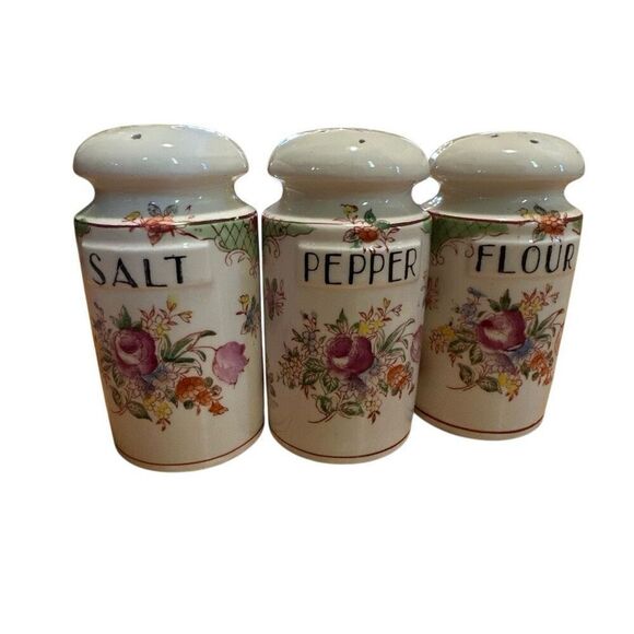 Antique Handpainted Japanese Spice Jar Set: Floral Design Salt, Pepper, Flour - Picture 5 of 8